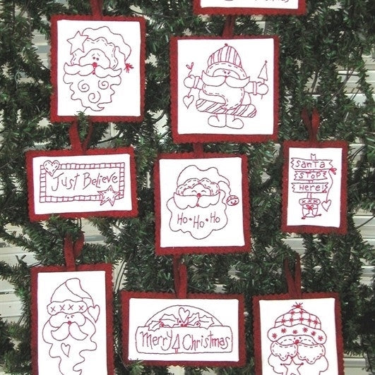 Santa Redwork Ornaments - Hand Embroidery Pattern - Shipped