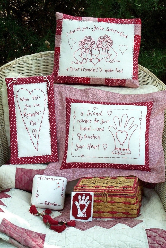 Friends Forever RedWork - Hand Embroidery Pattern - Shipped