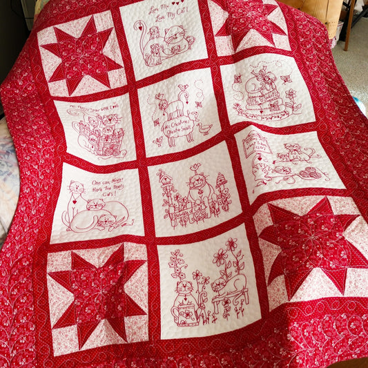 Love Me, Love My Cat RedWork Quilt - Hand Embroidery Pattern - Shipped