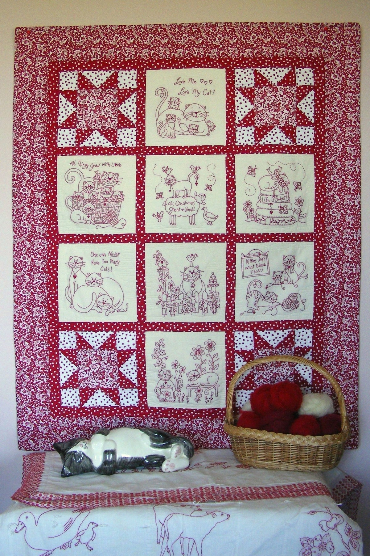 Love Me, Love My Cat RedWork Quilt - Hand Embroidery Pattern - Shipped