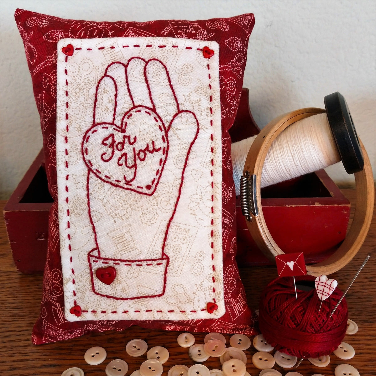 Heart & Hand For You Pin Cushion - Hand Embroidery Pattern - Download