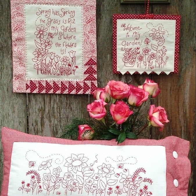 Spring Garden RedWork - Hand Embroidery Pattern - Shipped