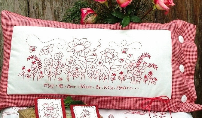 Spring Garden RedWork - Hand Embroidery Pattern - Shipped