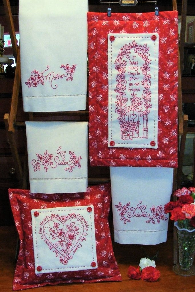 Friends and Family RedWork - Hand Embroidery Pattern - Shipped