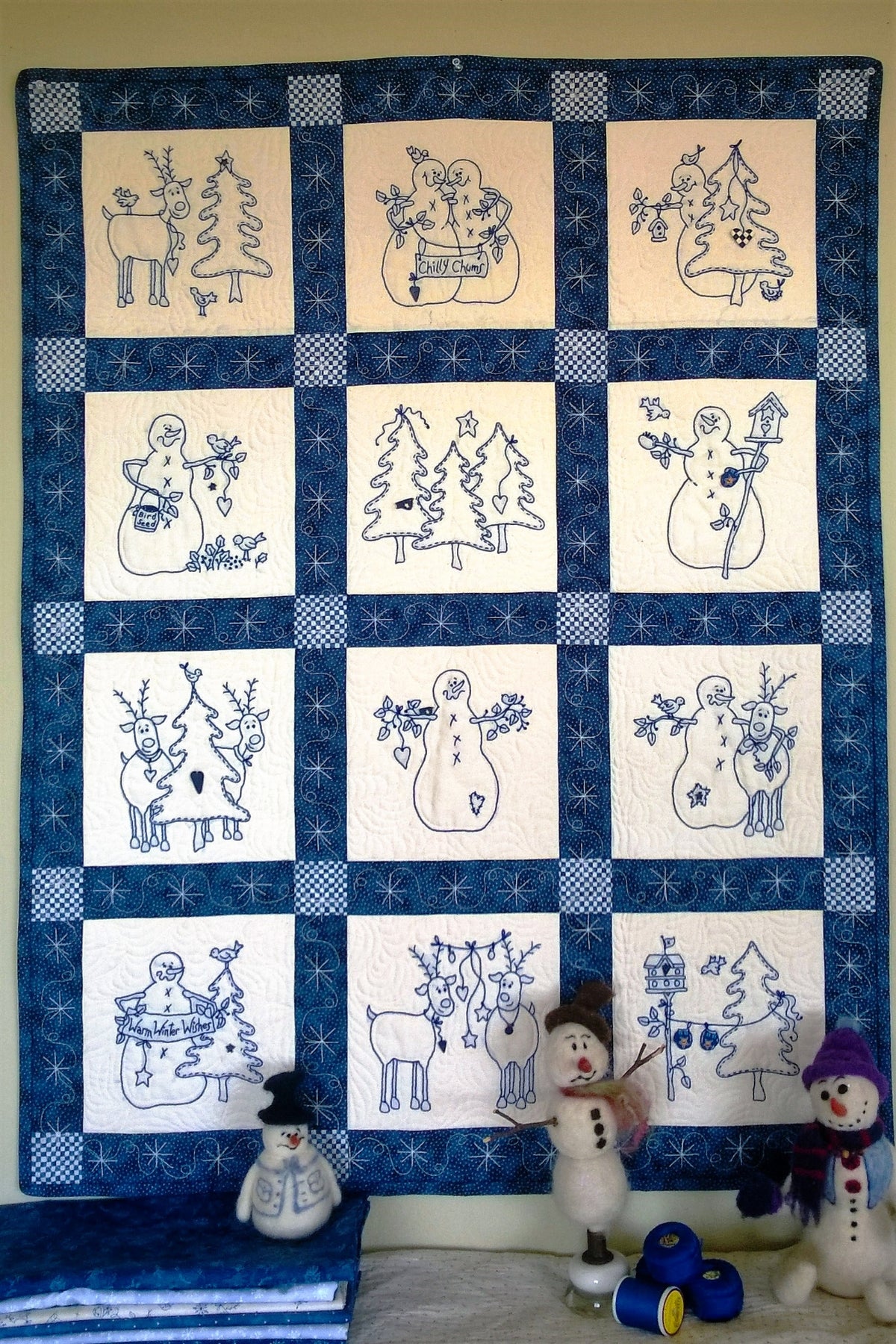 Snowmen & Reindeer Quilt - Hand Embroidery Pattern - Shipped