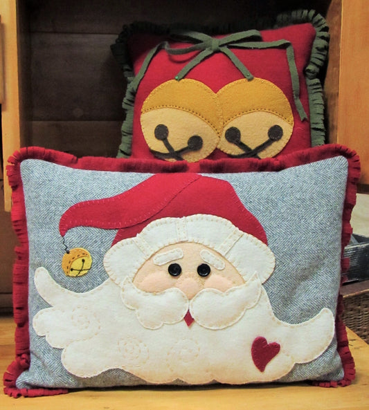 Jingle Bell Santa Pillows - Wool Applique Pattern - Shipped