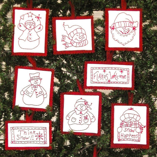 Snowmen Redwork Ornament Collection - Hand Embroidery Pattern - Shipped