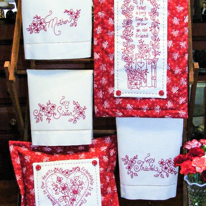 Friends and Family RedWork - Hand Embroidery Pattern - Shipped