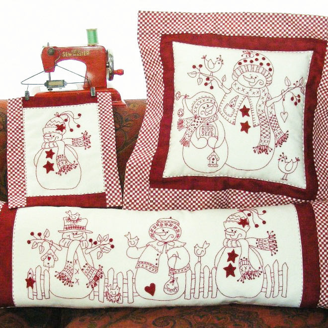 RedWork Snow People - Hand Embroidery Pattern - Shipped