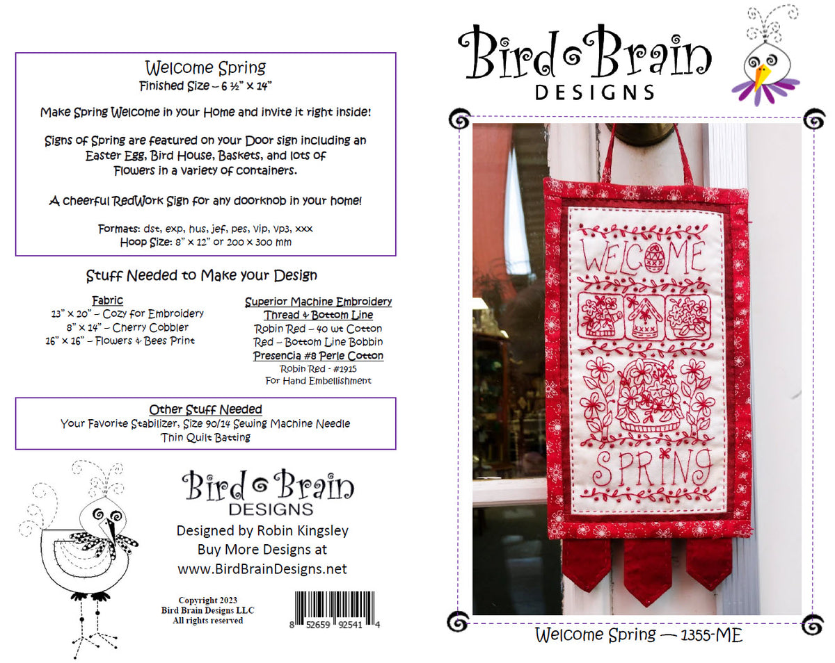 Welcome Spring Door Sign - Machine Embroidery Pattern - Shipped 
