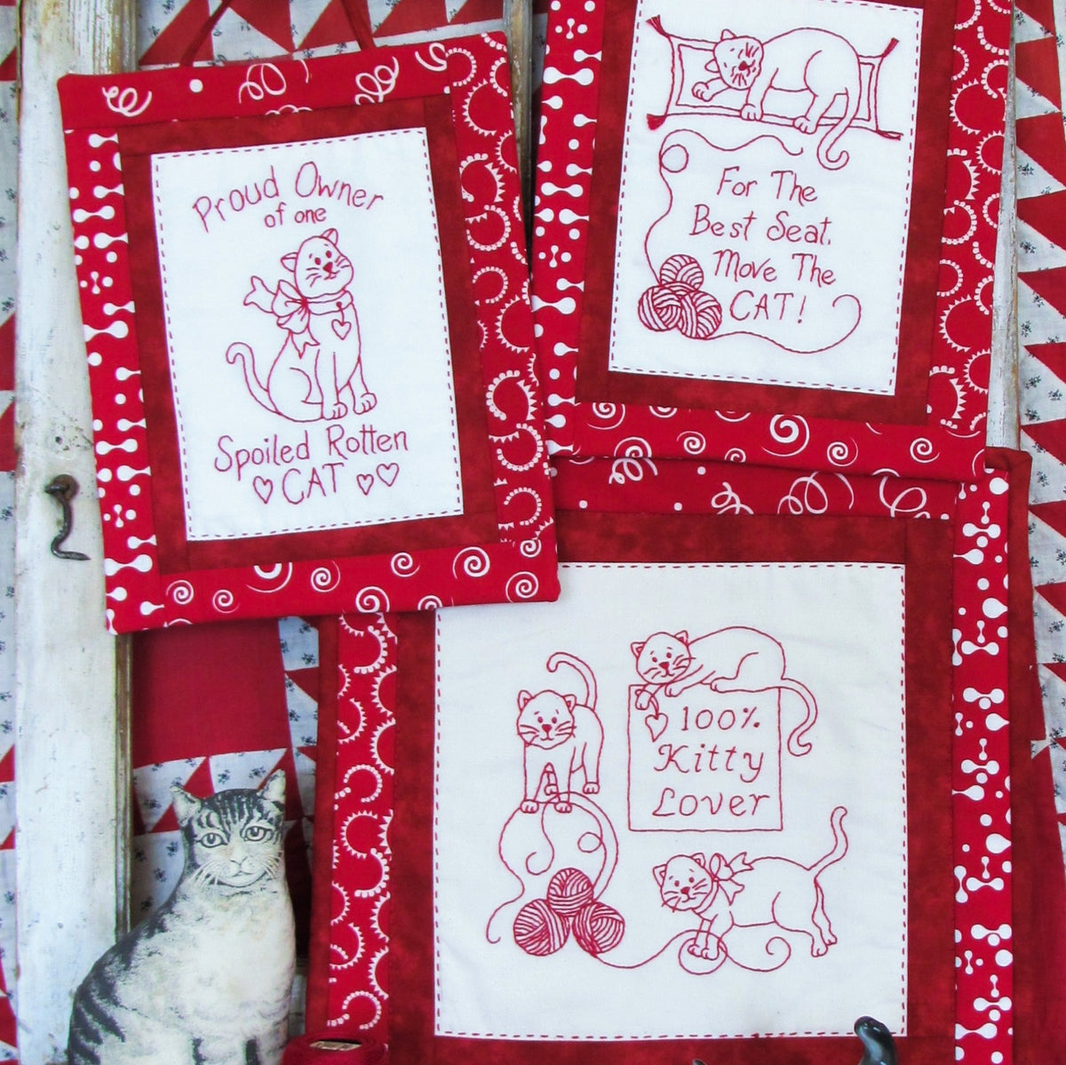 100% Kitty Lover RedWork - Hand Embroidery Pattern - Shipped