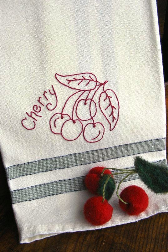 Fruit & Veggie - Cherry Tea Towel - Hand Embroidery Pattern - Download