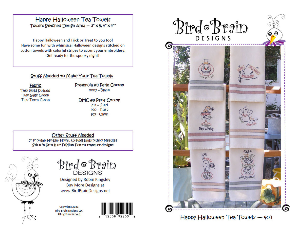 Happy Halloween Tea Towels - Hand Embroidery Pattern - Shipped