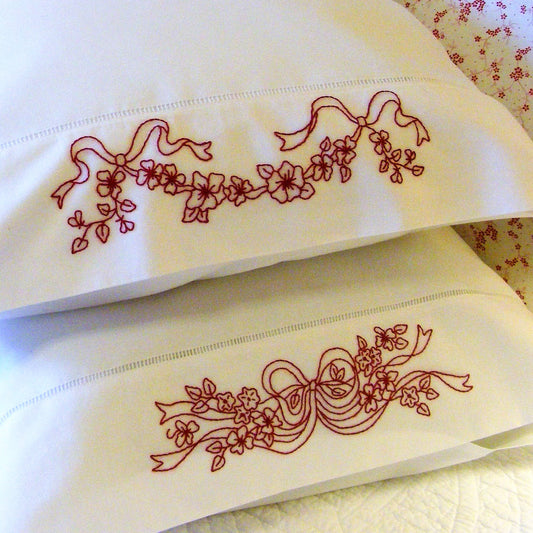 Blossoms & Ribbons RedWork Pillowcase - Hand Embroidery Pattern Shipped