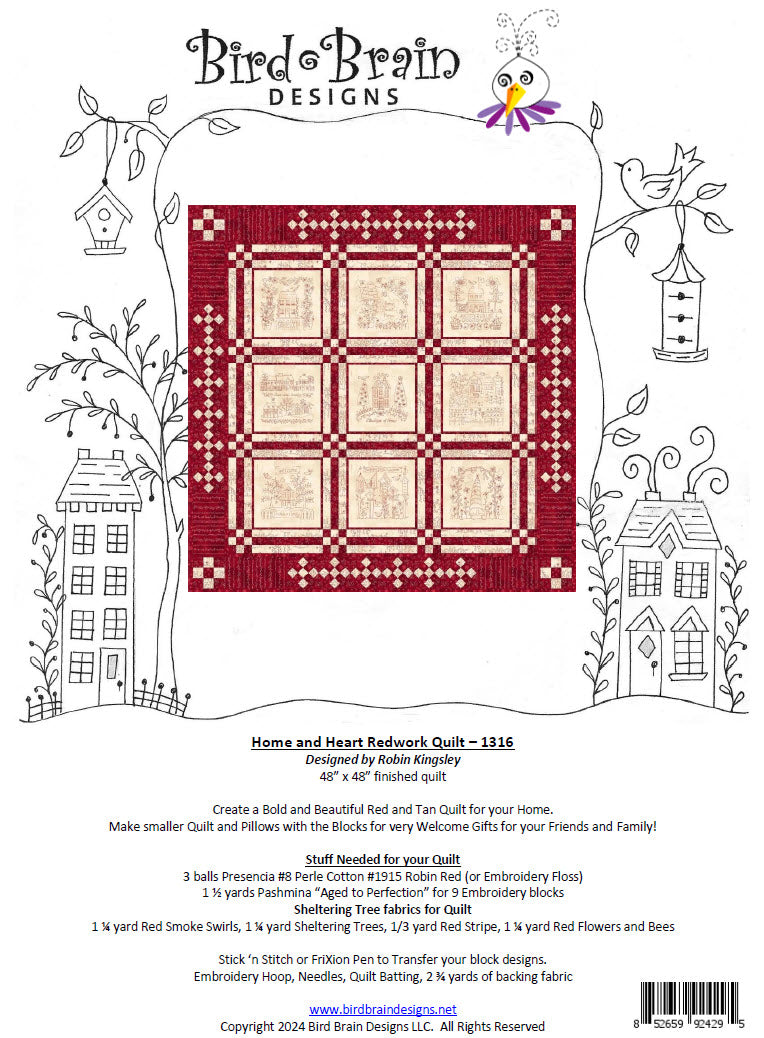 Home and Heart Redwork Quilt - Hand Embroidery Pattern - Download