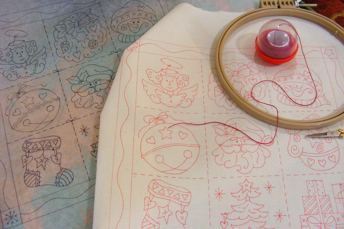 Holiday Nine-Patch Redwork - Hand Embroidery Pattern - Shipped