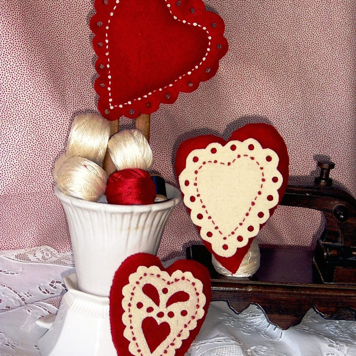 Lacey Heart Trio - Wool Applique Pattern - Shipped