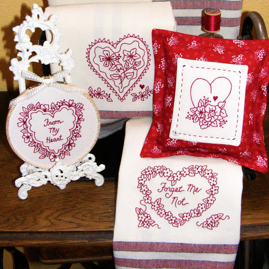 Hearts & Flowers RedWork Tea Towels - Hand Embroidery Pattern - Shipped