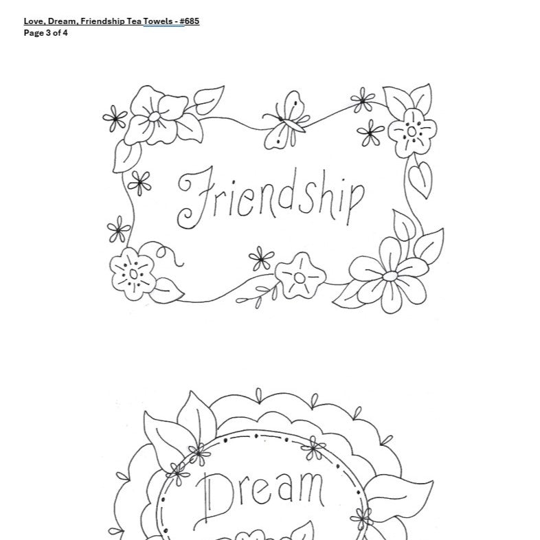 Love, Dream, Friendship Tea Towels - Hand Embroidery Pattern - Shipped