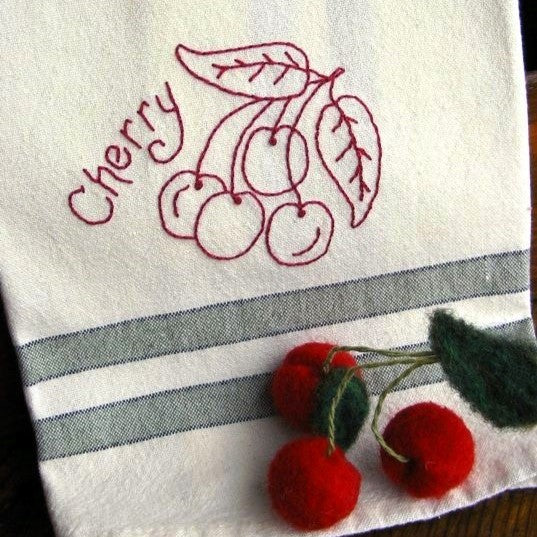 Fruit & Veggie - Cherry Tea Towel - Hand Embroidery Pattern - Download