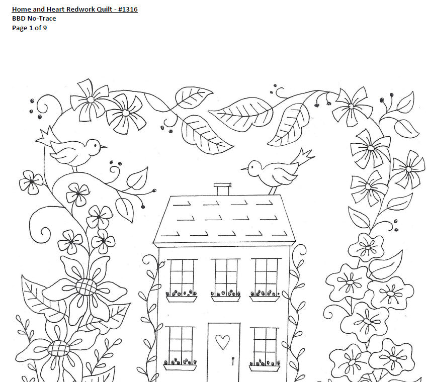 Home and Heart Redwork Quilt - Hand Embroidery Pattern - Download