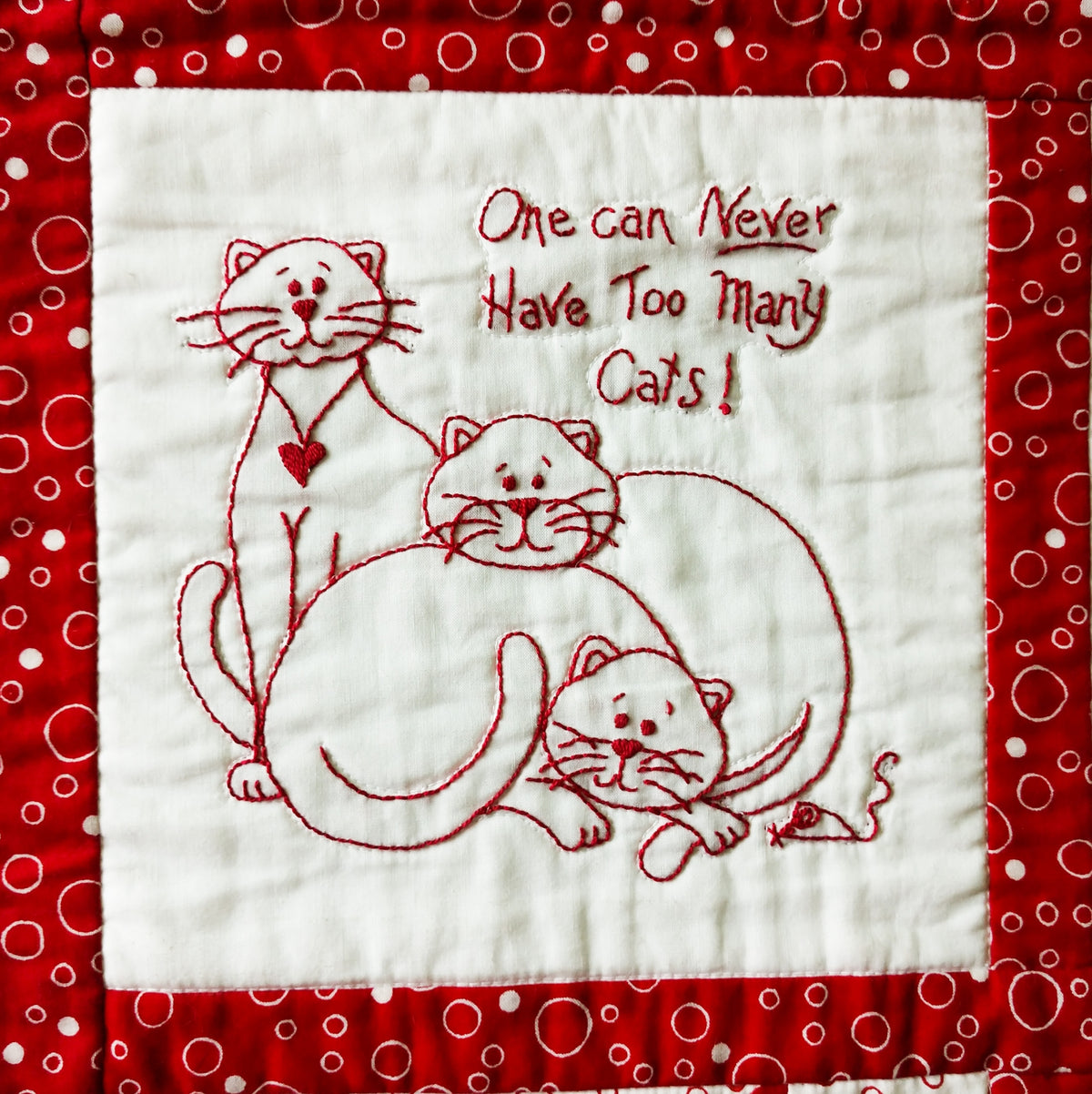 Love Me, Love My Cat RedWork Quilt - Hand Embroidery Pattern - Shipped