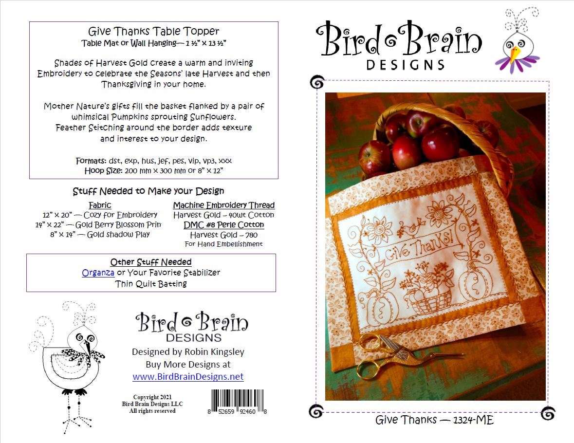 Give Thanks - Machine Embroidery Pattern - Download