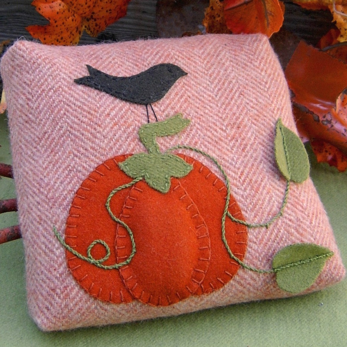 Autumn Pumpkin Pin Cushion Pillow - Wool Applique Pattern - Shipped