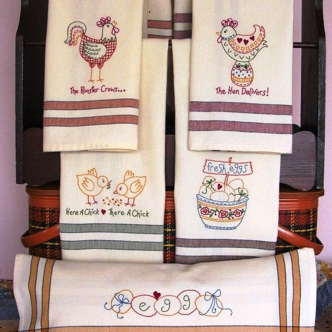 The Hen Delivers Tea Towels - Hand Embroidery Pattern - Shipped