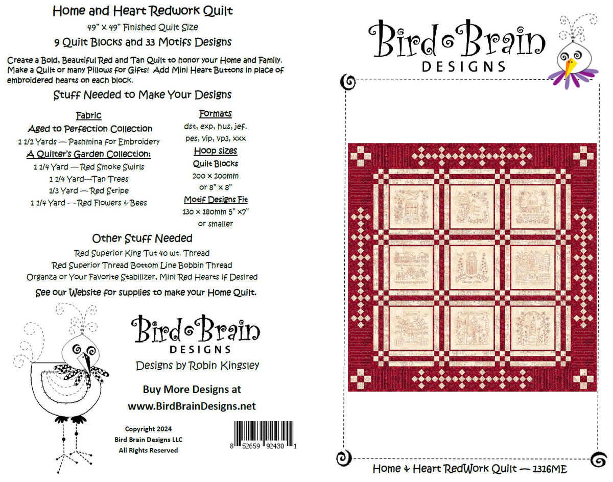 Home and Heart Redwork Quilt - Embroidery Pattern