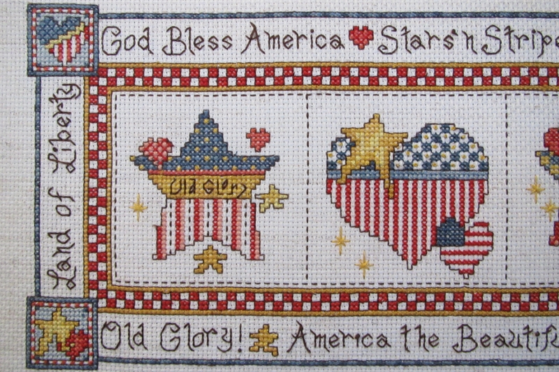 A Patriotic Sampler in Counted Cross Stitch.