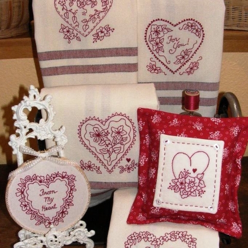 0002257 Hearts Flowers Redwork Tea Towels Hand Embroidery 510 