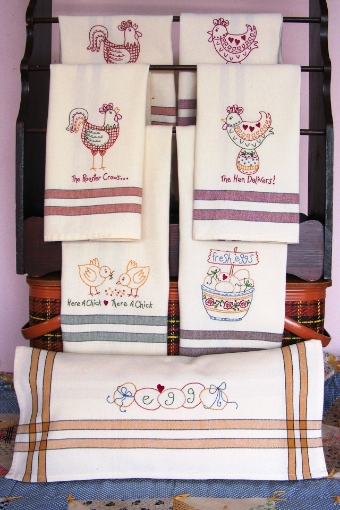 The Hen Delivers Tea Towels - Hand Embroidery Pattern - Shipped