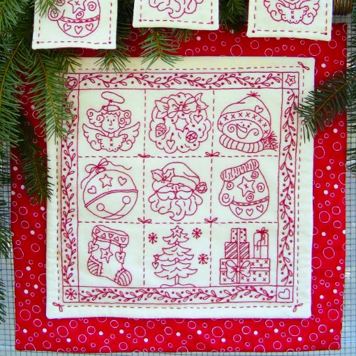 Picture of Holiday Nine-Patch Redwork - Hand Embroidery Kit